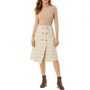 Unique Work Office Women’s Plaid A-Line Skirt Vintage Grid Midi Skirts (2)