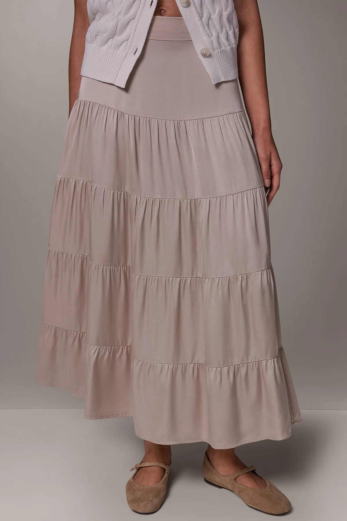 Taupe viscose satin tiered maxi skirt with a flat front waistband and elasticated back waist