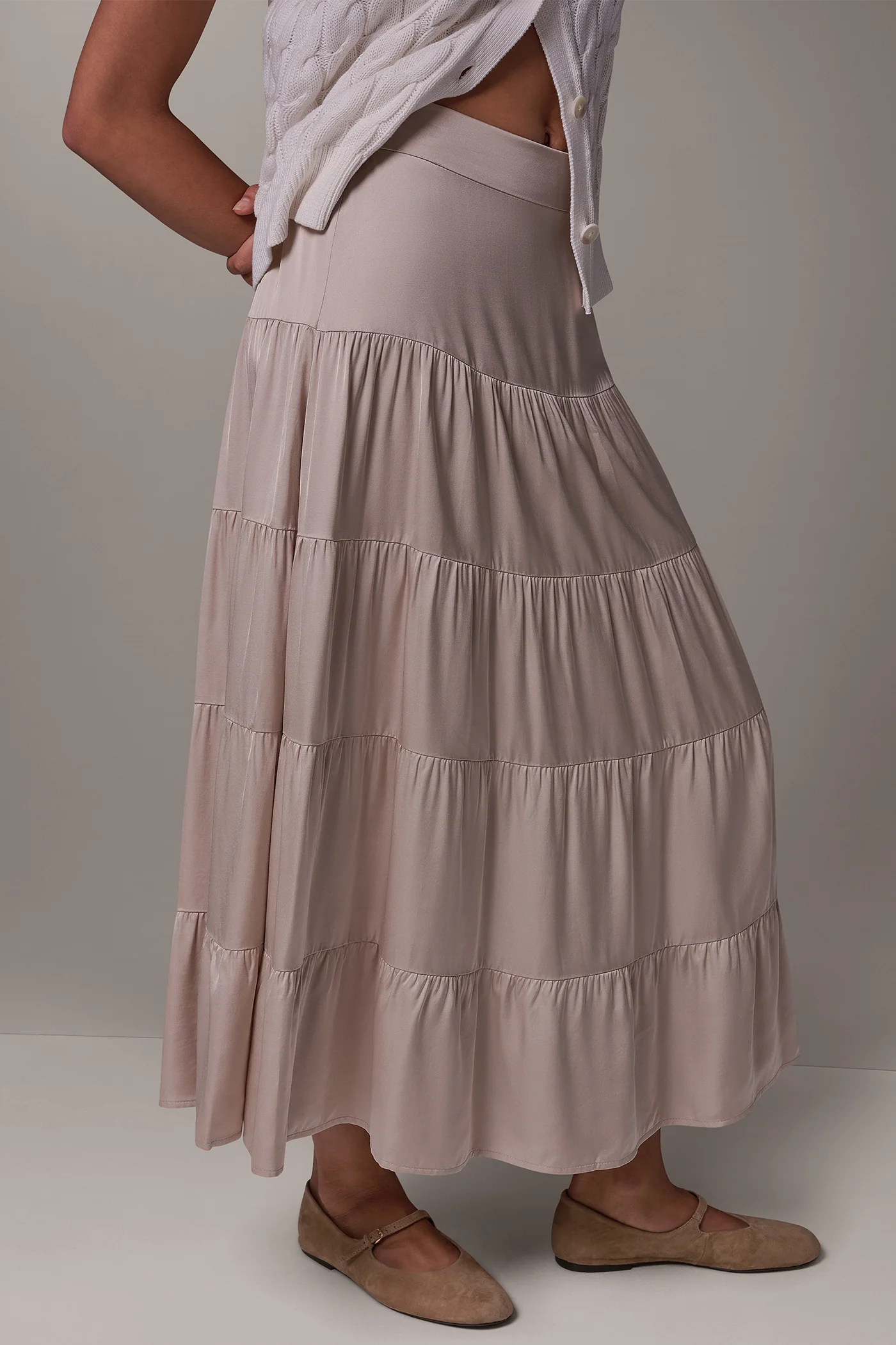 Taupe viscose satin tiered maxi skirt with a flat front waistband and elasticated back waist