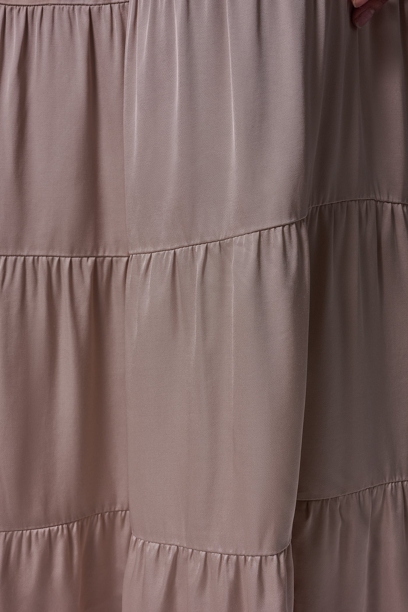 Taupe viscose satin tiered maxi skirt with a flat front waistband and elasticated back waist