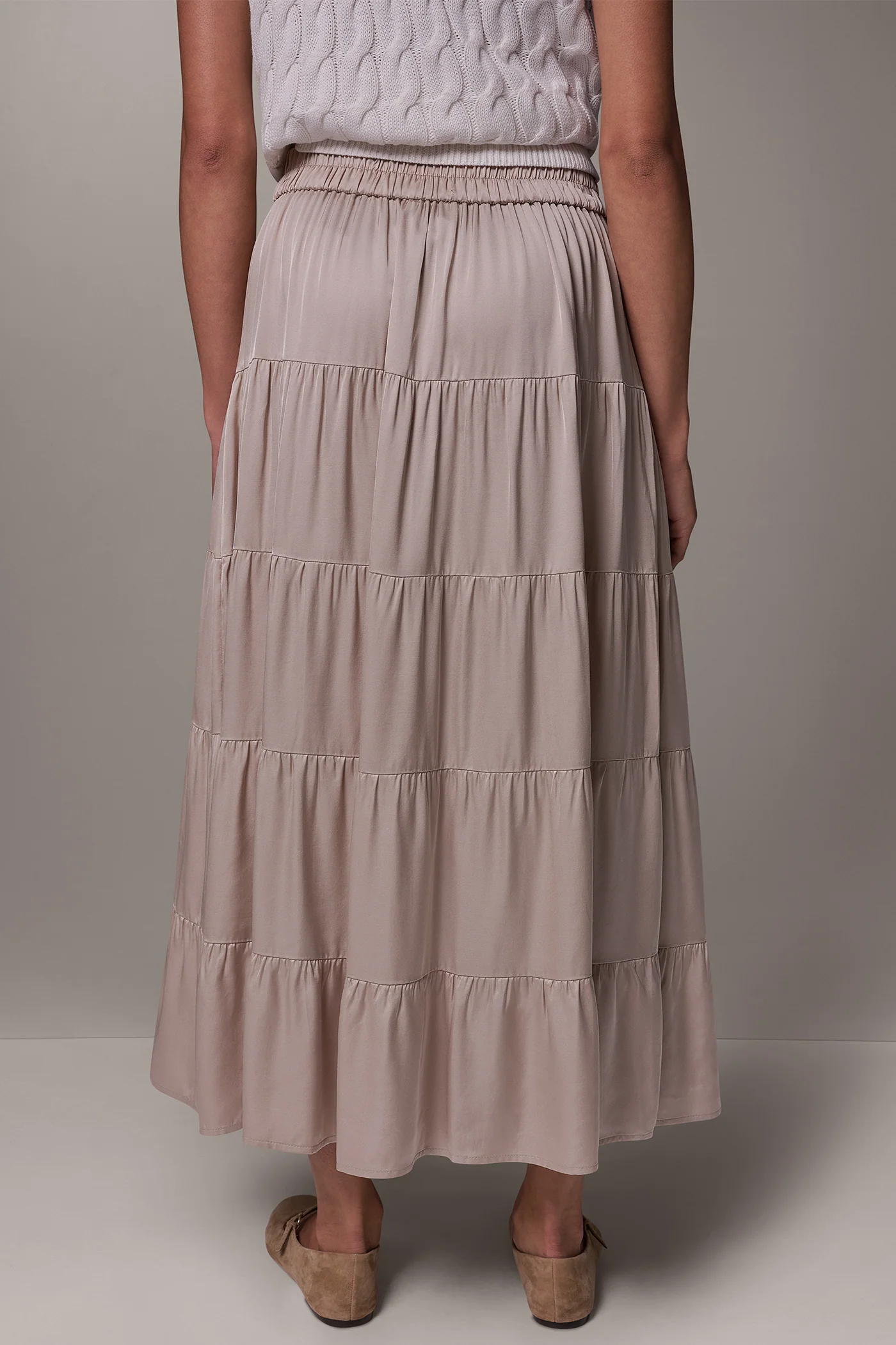 Taupe viscose satin tiered maxi skirt with a flat front waistband and elasticated back waist