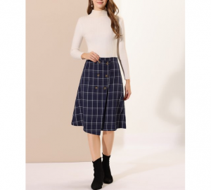 Unique Work Office Women’s Plaid A-Line Skirt Vintage Grid Midi Skirts (12)