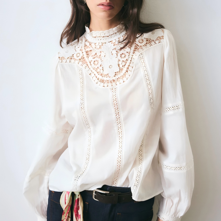 White high neck lace yoke blouse with full sleeves and vertical lace inserts