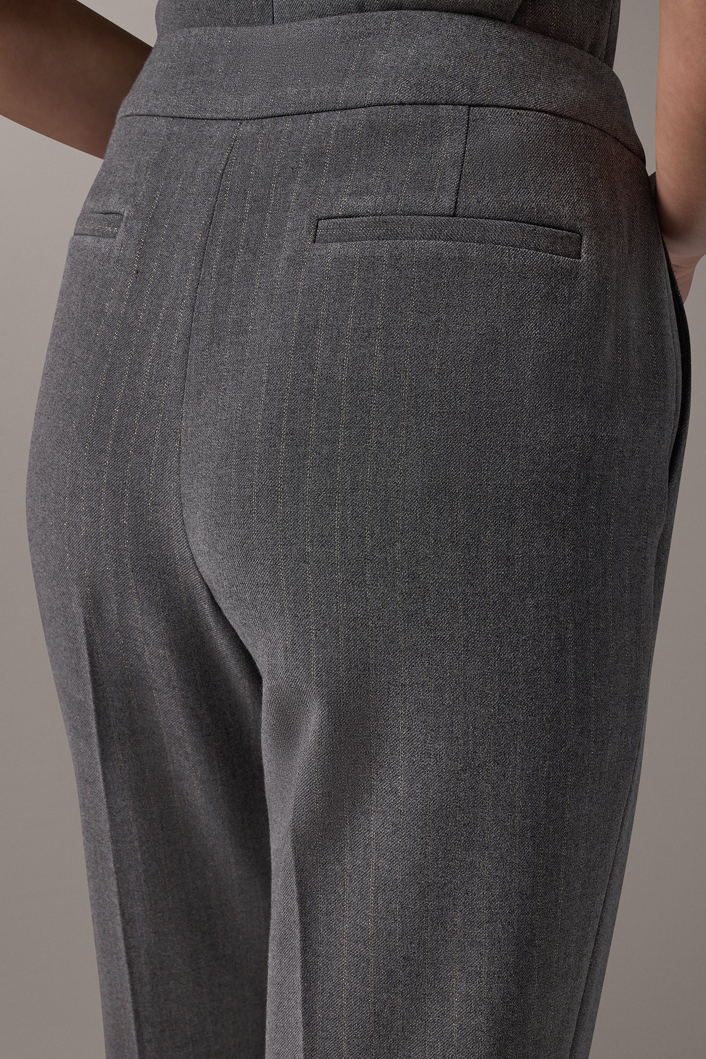 Grey high waist pinstripe trousers with slim ankle length legs