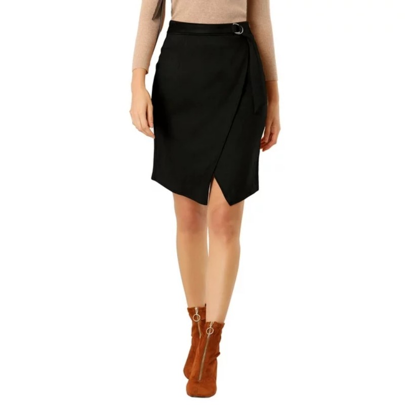 A-Line Knee Length Wrap Faux Suede Skirt (1)