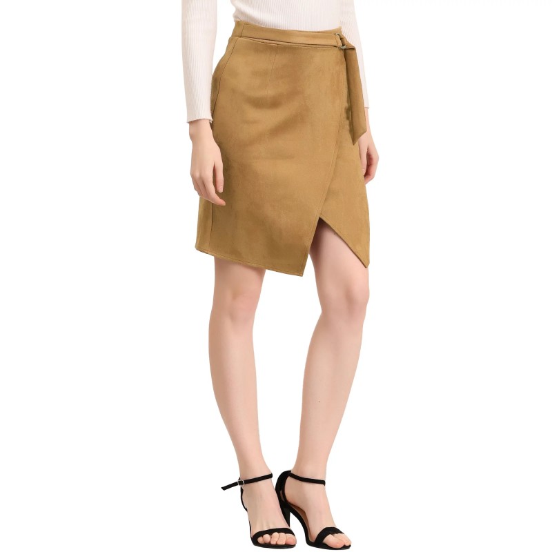 A-Line Knee Length Wrap Faux Suede Skirt (17)