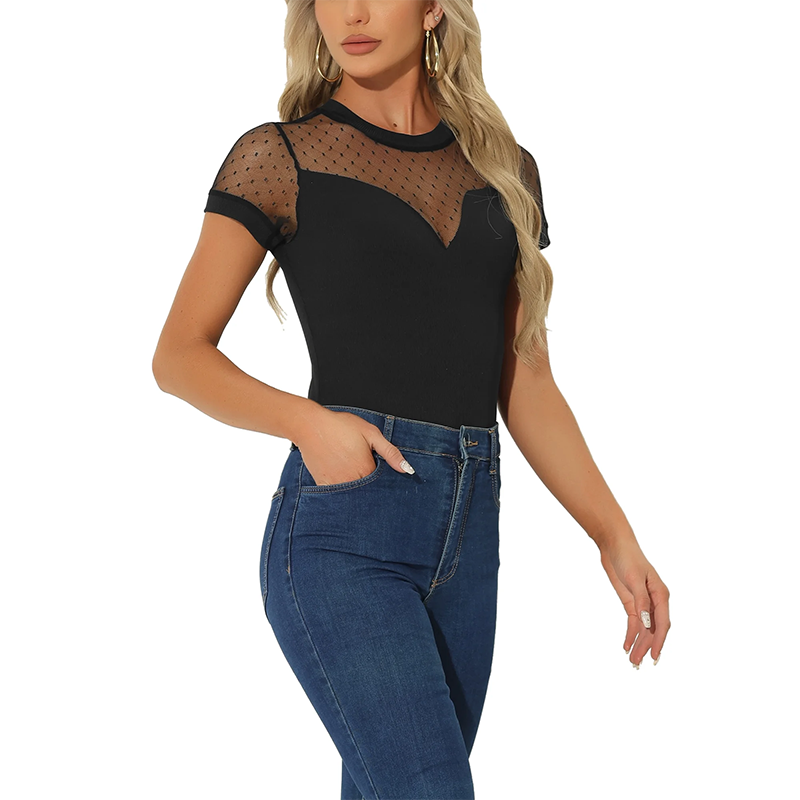 Bodysuit For Women Mesh Panel V Neck Casual Knit Top (3)