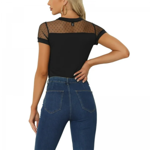 Bodysuit For Women Mesh Panel V Neck Casual Knit Top (4)