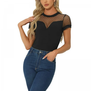 Bodysuit For Women Mesh Panel V Neck Casual Knit Top (6)