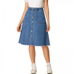 CHIC Women's Denim Skirt Raw Hem Button Down A-Line Midi Jeans Skirts (1)