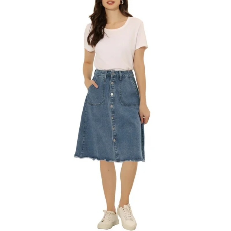 CHIC Women's Denim Skirt Raw Hem Button Down A-Line Midi Jeans Skirts (11)