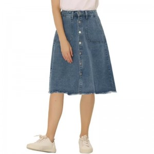 CHIC Women's Denim Skirt Raw Hem Button Down A-Line Midi Jeans Skirts (15)