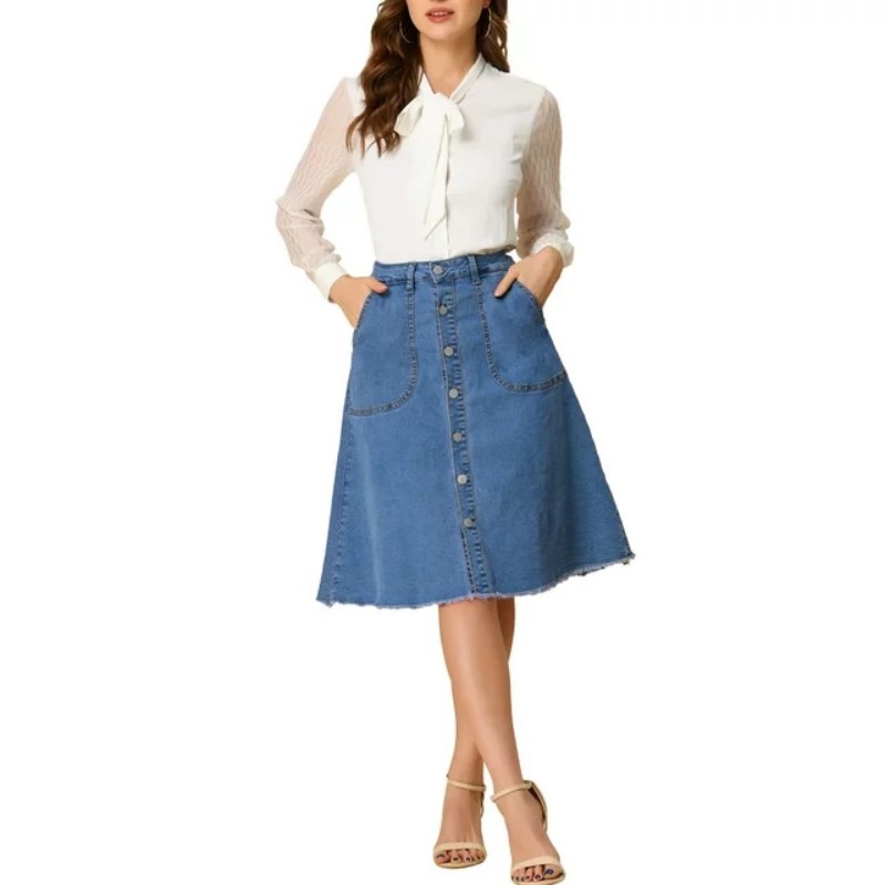 CHIC Women's Denim Skirt Raw Hem Button Down A-Line Midi Jeans Skirts (2)