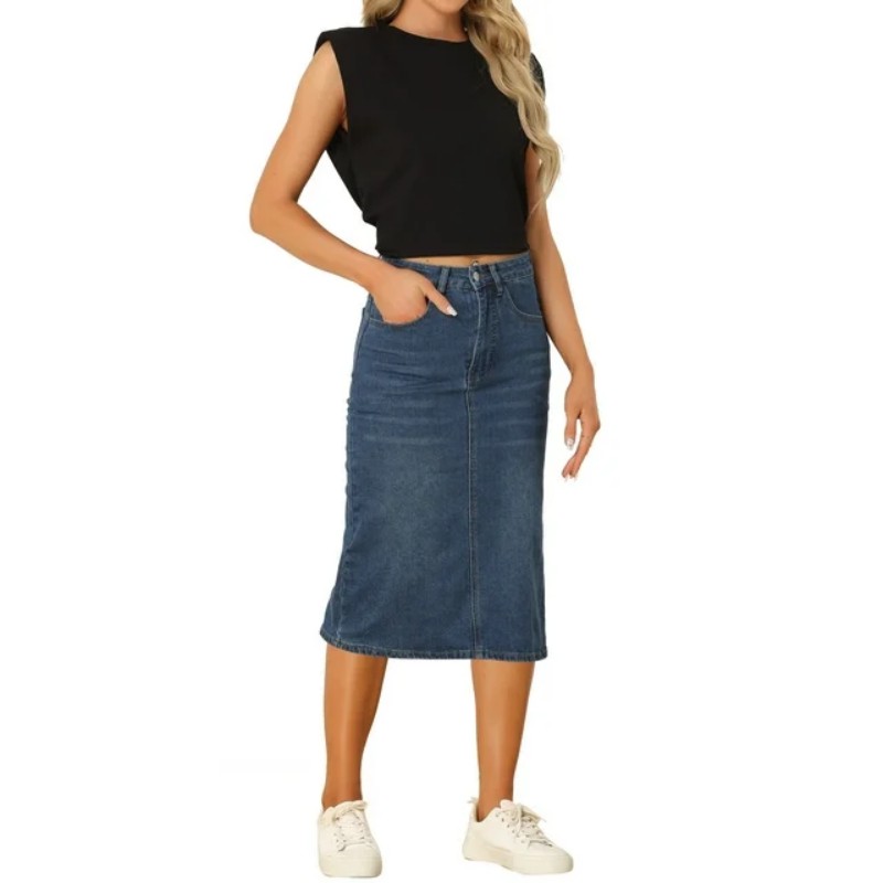 Casual Pencil Denim Skirt for Women Stretchy Midi Jean Skirts (2)
