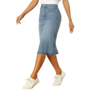 Casual Pencil Denim Skirt for Women Stretchy Midi Jean Skirts (8)