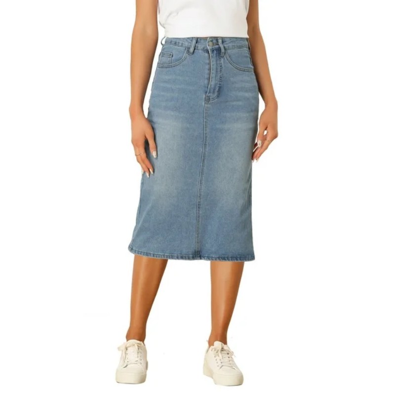 Casual Pencil Denim Skirt for Women Stretchy Midi Jean Skirts (9)