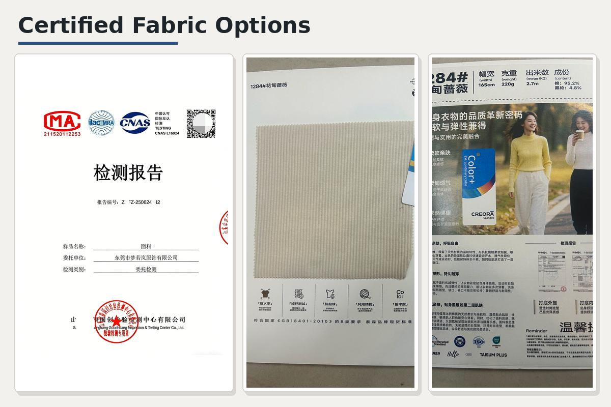 Certified fabric options including OEKO-TEX GOTS and GRS