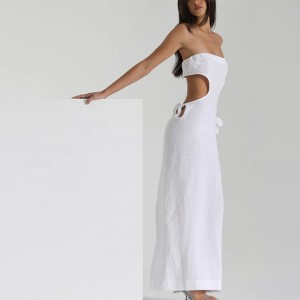 Chic Women White Strapless Linen Cutout Beach Maxi Dress Manufacturer10
