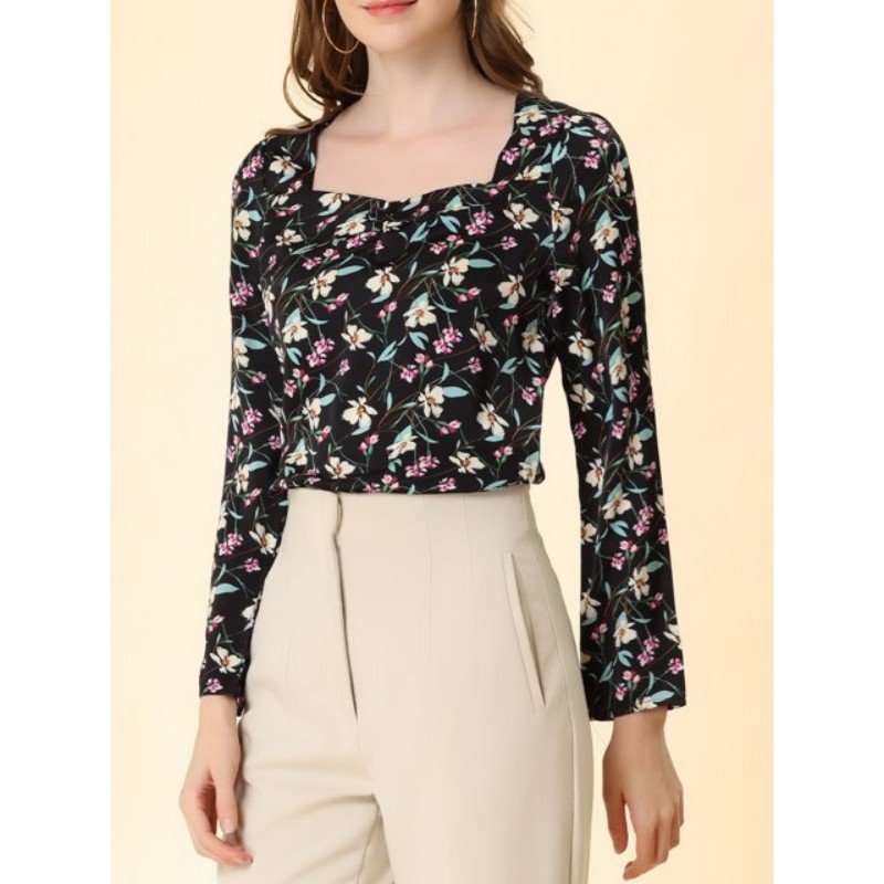 Floral Print Top Woven Crepe Chiffon Blouse Printed For Lady (11)