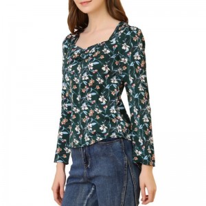 Floral Print Top Woven Crepe Chiffon Blouse Printed For Lady (15)