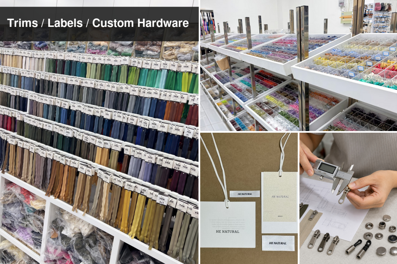 Garment trims labels and custom hardware