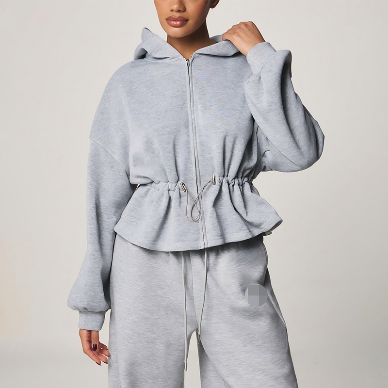 Grey Marl Cinched Waist Zip Up Women Hoodie in Heather Grey (2)