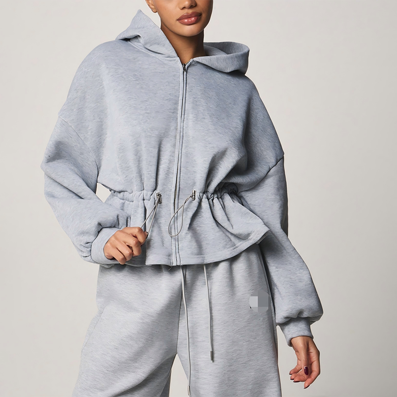 Grey Marl Cinched Waist Zip Up Women Hoodie in Heather Grey (4)