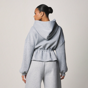 Grey Marl Cinched Waist Zip Up Women Hoodie in Heather Grey (5)