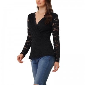 Lace Tops for Women's Deep V Neck Floral Wrap Peplum Blouse Top (3)