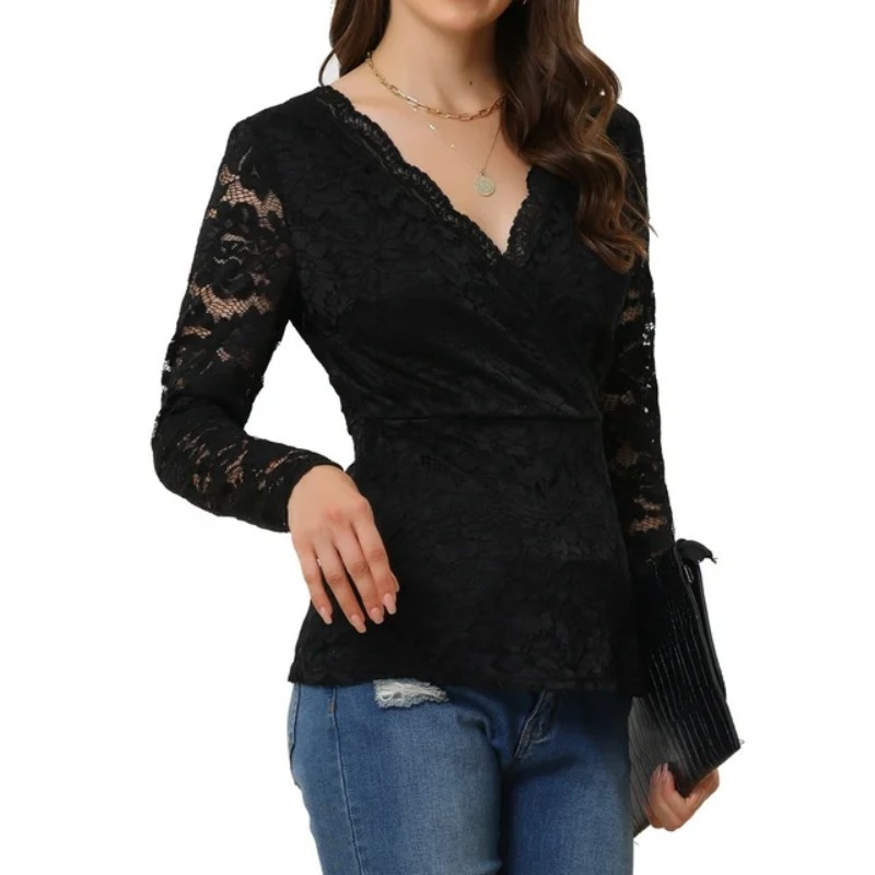 Lace Tops for Women's Deep V Neck Floral Wrap Peplum Blouse Top (5)