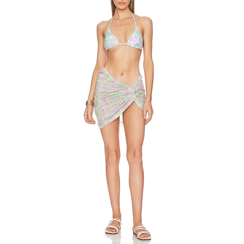 Printed Mesh Women Skirts Asymmetry Beach Skirt (4)