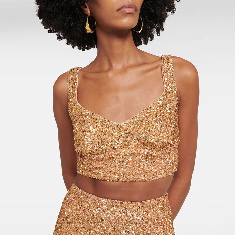 Sequined Cropped Top In Gold For Fashion Women's Sparkle Disco Sequin Crop Top (3)