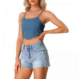 Spaghetti Strap Crop Cami Top For Women Asymmetrical Hem Textured Crop Top (4)