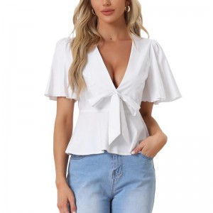 Unique Women's Peplum Top White Deep V Neck Sexy Blouse Top (1)