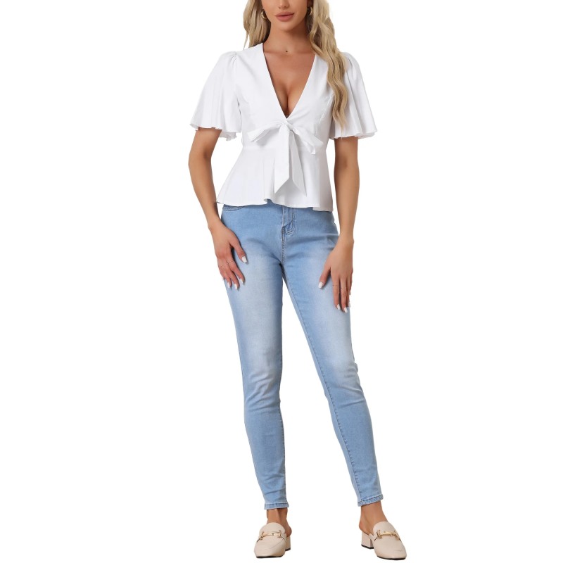 Unique Women's Peplum Top White Deep V Neck Sexy Blouse Top (2)