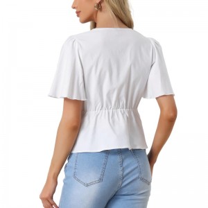 Unique Women's Peplum Top White Deep V Neck Sexy Blouse Top (3)