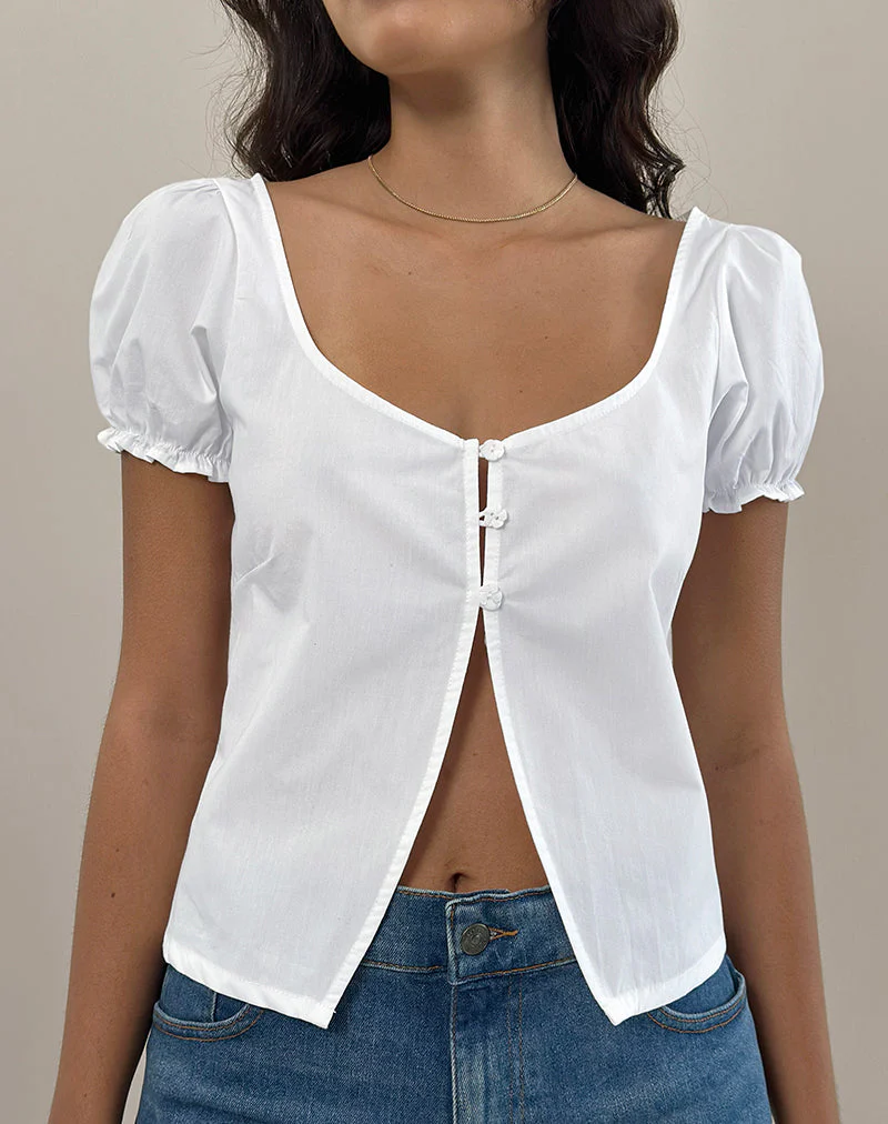 Wholesale White Poplin Puff Sleeve Basic Tops 01