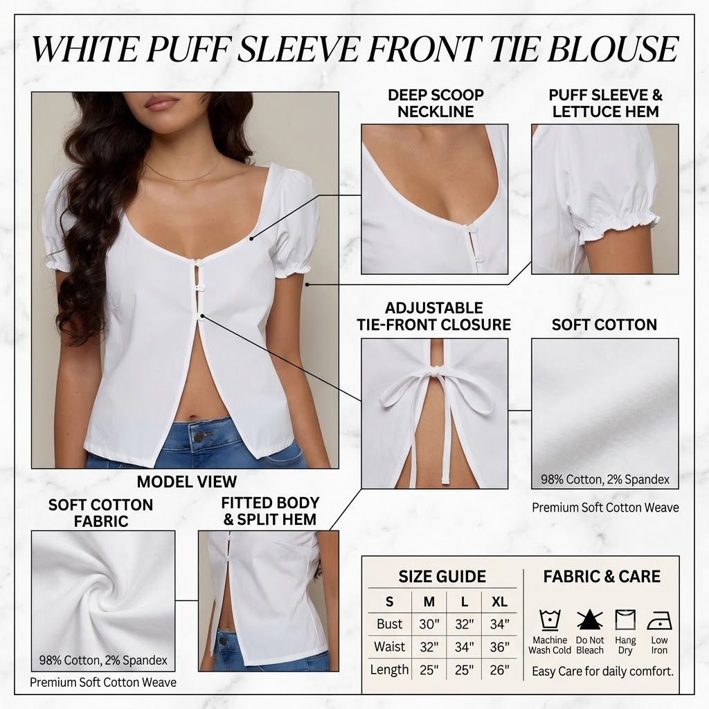 Wholesale White Poplin Puff Sleeve Basic Tops 05