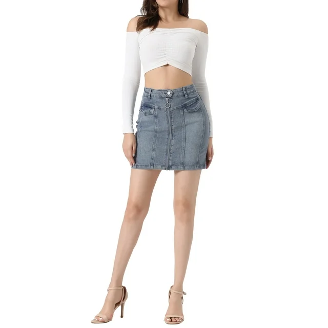 Women's Denim Skirts Zip Front Slim Fit High Waist Mini Jean Skirt (1)