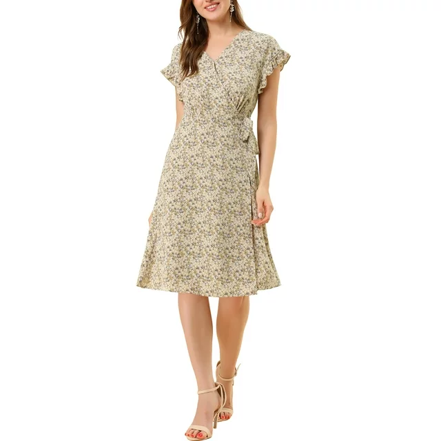 Women's Floral V Neck Ruffled Flutter Sleeve Belt Wrap Midi Dress (5)