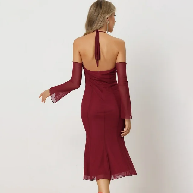 Women's Mesh Sleeves Mermaid Hem Dresses (3)