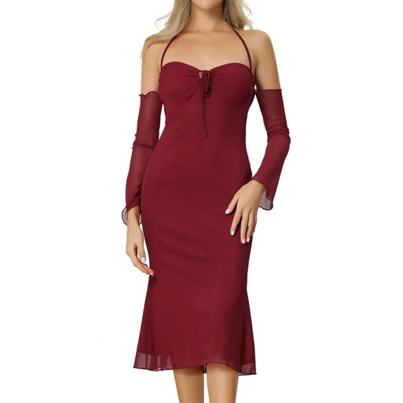 Women's Mesh Sleeves Mermaid Hem Dresses (8)