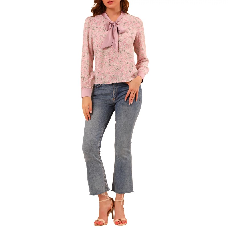 Women's Satin Blouse Office Ladies Tops Floral Chiffon Blouse (2)