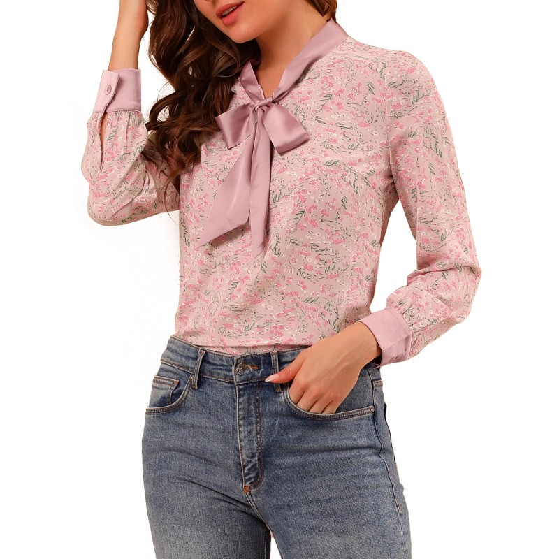Women's Satin Blouse Office Ladies Tops Floral Chiffon Blouse (4)