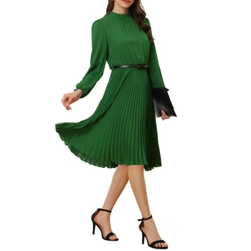 Women's Work Shirt Dress Long Sleeve Pleated Midi Dresses (12)