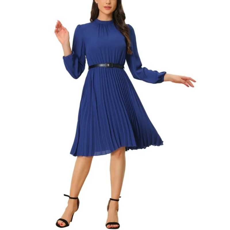 Women's Work Shirt Dress Long Sleeve Pleated Midi Dresses (15)