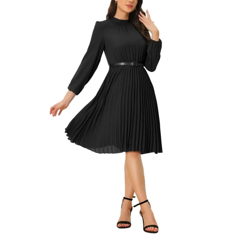 Women's Work Shirt Dress Long Sleeve Pleated Midi Dresses (9)