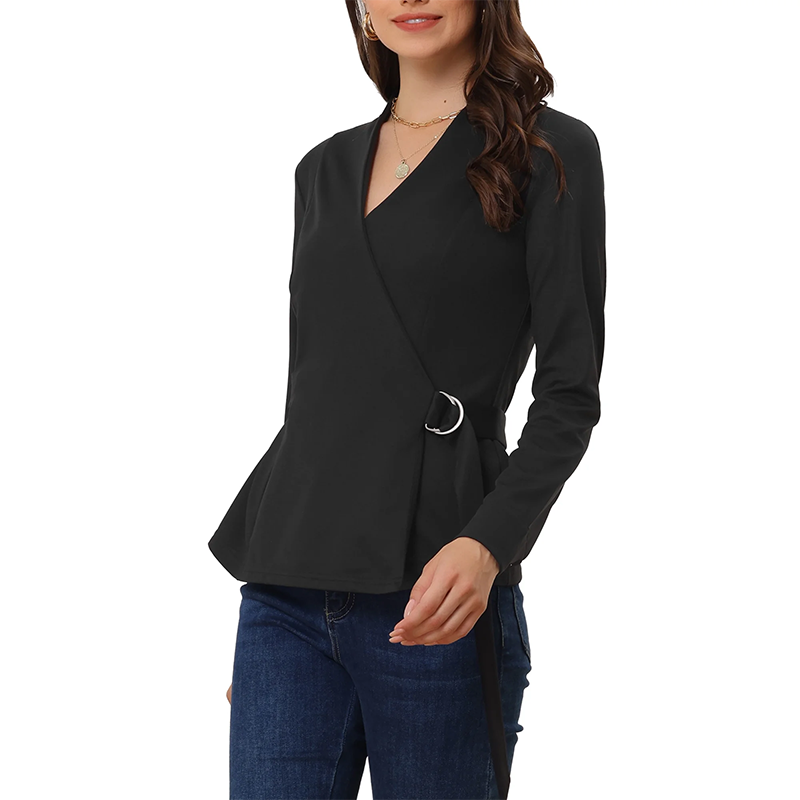 Women's Wrap Blouse Casual Ladies Office Tops Black (1)