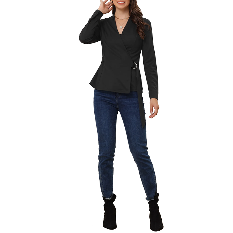 Women's Wrap Blouse Casual Ladies Office Tops Black (2)