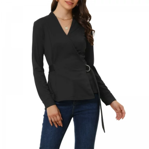 Women's Wrap Blouse Casual Ladies Office Tops Black (3)
